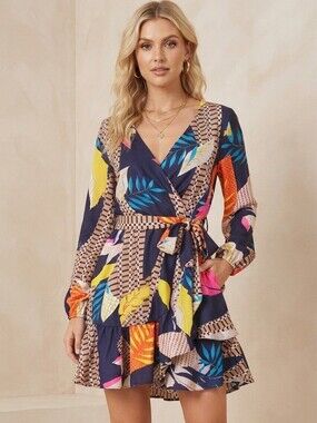 Imported Multicolor Abstract Geometric Ruffle Flounce Dress Size Large NWOT
